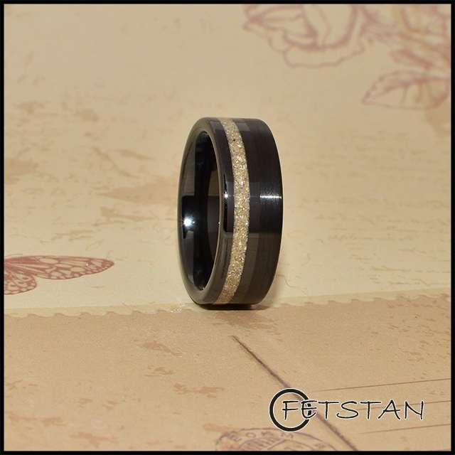 Black mourning ring with ashes featuring a semi-brushed and polished finish